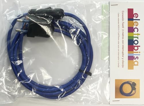 Monkey Ladder Kit de cable textil azul de 2 m, 2 x 0.75 mm, incluye clavija e interruptor negro, ideal para conexiones eléctricas y proyectos de decoración.