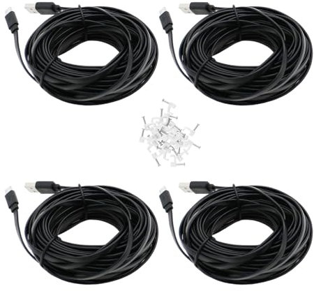 4 Pack 25 ft USB C Cable for CCTV WiFi Security Camera, Type-C Extension Cord Flat Waterproof Wire Clips, Black