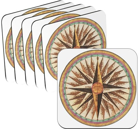 Sottobicchiere in legno, rosa dei venti, bussola, antica, pittura, strumenti di navigazione vintage, confezione da 6 (95 x 95 mm)