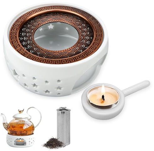 FSWWSF Stövchen Keramik mit Teelichthalter, Herdmatte und Teesieb Teewärmer Teekannenwärmer für die Wärmekonservierung von Teekannen oder Tassen Geeignet (Sternform)
