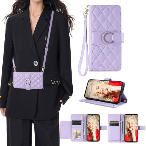 SEHEYA Compatible with iPhone 12 Mini Crossbody Wallet Case PU Leather Adjustable Lanyard Wrist Strap Women Mobile Phone Purse Large Capacity Card Holders, Purple