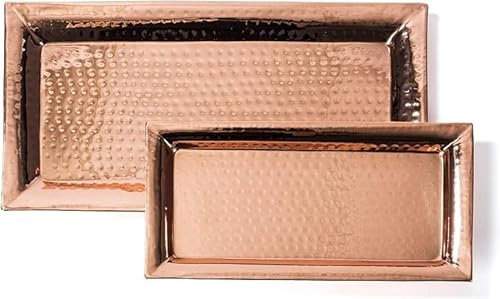 Copper Hammered Trays - Rose Gold Serving Tray and Platters - Appetizer Tray - Large Decorative Food Tray (2 Pack Rectangle Platters)