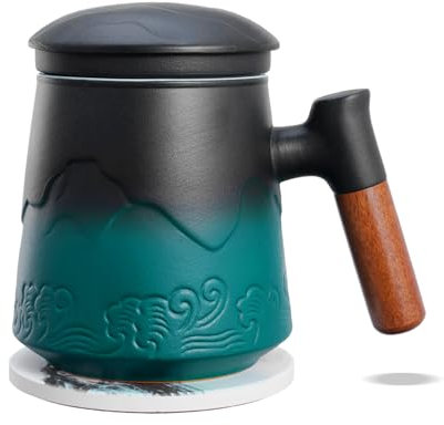ZENS Tea Infuser Mug with Lid, 450 ML Embossed Ceramic Tea Cup Tea Strainers for Loose Tea Diffusers, Wood Handle Tea Infuser Mug with Coaster for Loose Tea Lovers Gifts, Tea Steeper Accessories