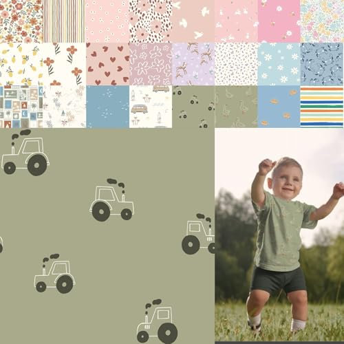 Baumwolljersey bedruckt, Jersey Stoff Meterware Sommer, Jerseystoff Blumen - Strickjersey Kinderdrucke - Stretchstoff Mädchen, BW-Jersey Jungs *ab 50cm, Farbe: 80-A91-018 Traktoren