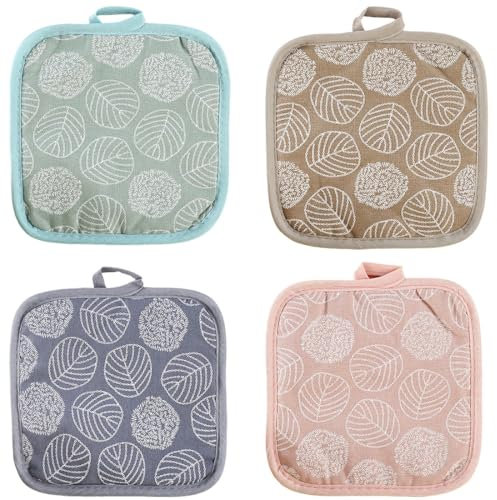 JEYORZY 4 Pcs Maniques Cuisine, Maniques Cuisine en Coton et Lin Résistants à la Chaleur Maniques Cuisine Antidérapant avec Trous de Suspension pour Protection de Main et des Surfaces(Motif Feuille)