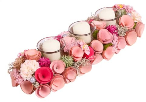 Tea Light Candle Holder Christmas Table Decoration Tealight Holders Birchwood Table Centrepiece Décor with Pink Wooden Roses and Artificial Foliage (Triple)