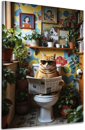 DecoMe Wandbild 60 x 40 cm XXL Katze - Lustig Toilette Badezimmer Wanddeko Bild - Leinwand Holz Zimmer Deko Aesthetic Room