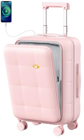 MGOB Handgepäck Koffer 56x35x25 cm, Hartschalen Koffer mit Laptopfach, Leichter Trolley Koffer 4 Rollen mit 360° Spinner TSA-zugelassenem Schloss und USB & Type-C-Anschlüssen- Rosa