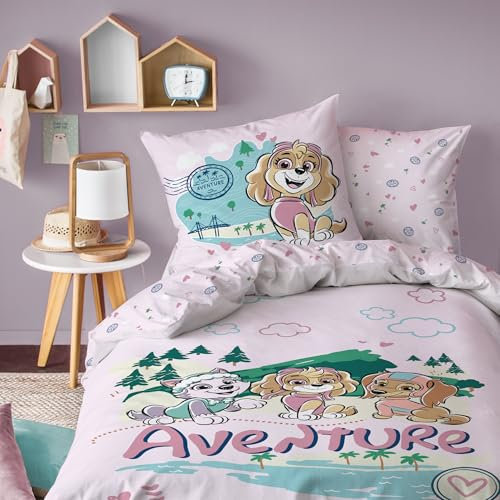 OMYDREAM Pat Patrouille Voyage Parure de lit Enfant 1 Place | 100% Coton | Oeko-TEX | Housse de Couette 140x200 cm + Taie d'oreiller 63x63 cm | Rose