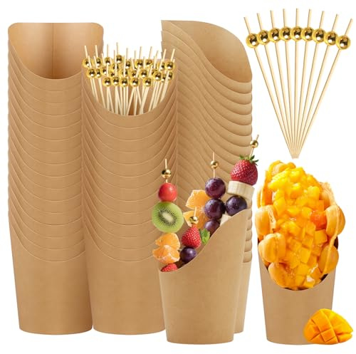 Mssushi 30 Stück Kraftpapier Becher, Snackbecher | 14 OZ, mit 100 Sticks, Charcuterie-becher, für Pommes, Candy Bar, Charcuterie, Popcorn, Party