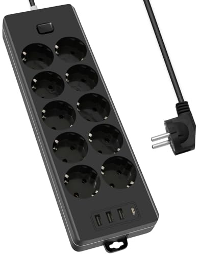 10 Fach Steckdosenleiste mit 3 USB A und 1 Typ-C Steckerleiste Wandmontage mit Schalter 2000w 2m Kabel Mehrfachsteckdose Überspannungsschutz für Zuhause Schule Büro