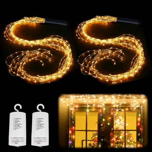 SUNOYA 2 Stück Lichterschweif 2M 200 LED, LED Weihnachtsbeleuchtung Mit Timer, Fernbedienung, 8 Modi, Wasserfall Lichterkette Wasserdicht Lichterbündel Mit Strom Für Außen Innen Weihnachten Deko