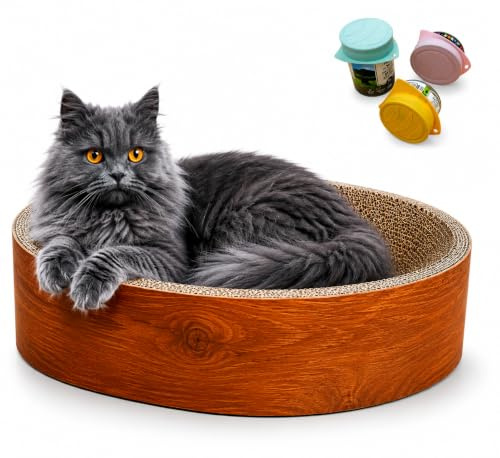 Cama Rascador para Gatos, 44 x 34 x 10 cm. Estructura en Color Madera, Base para Rascar en Cartón, Material Duradero, Resistente, Proporciona Comodidad y Diversión para tu Felino