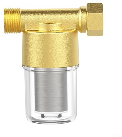 Inline brass sediment water filter with stainless steel mesh cartridge for washing machines, heater units, garden irrigation, and RV water systems, explosion and rust proof (Brass)