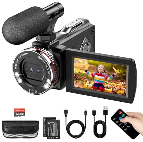 Caméscope 4K 60FPS 48MP Caméra Vidéo avec Zoom Numérique 21X, Écran IPS 3 270° Vlogging Camera sur YouTube, Camcorder Video Camera avec Câble HDMI, Mic, Télécommande, 2 Piles, Carte 32 Go (HDV900PRO)