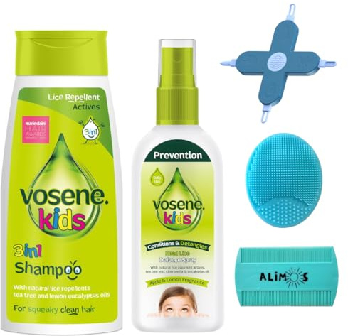 Vosene Kids Lice Repellent 3in1 Shampoo 250ml & Conditioning Defence 150ml Bundled With Alimos Massage Brush, Nit Comb and 4-in-1 Cleaning Tool