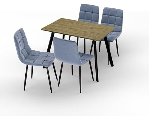 URBNLIVING 110cm Dining Table & 4 Velvet Chairs Set – Modern Metal Frame Kitchen Furniture, Contemporary Dining Room Set - Oak Table Madison Blue Chair