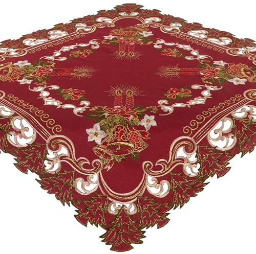 Tischdecke Weihnachten Mitteldecke Bestickt 85 x 85 Weihnachtstischdecke Rot Kerze Gold Stoff Waschbar