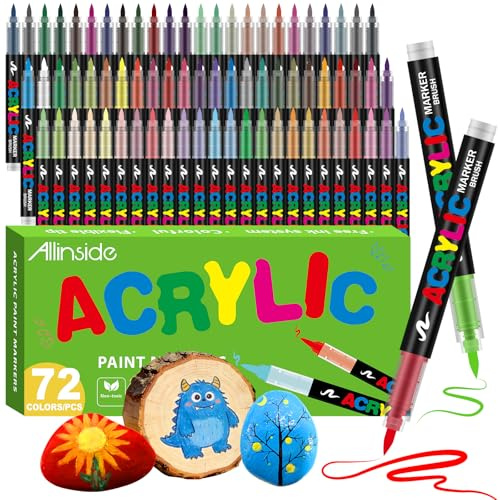 Allinside Rotuladores Acrilicos, 72 Colores Marcadores Acrílicos Punta de Pincel Suave, para Pintar sobre Piedra, Madera, Vidrio, Tela y Manualidades DIY