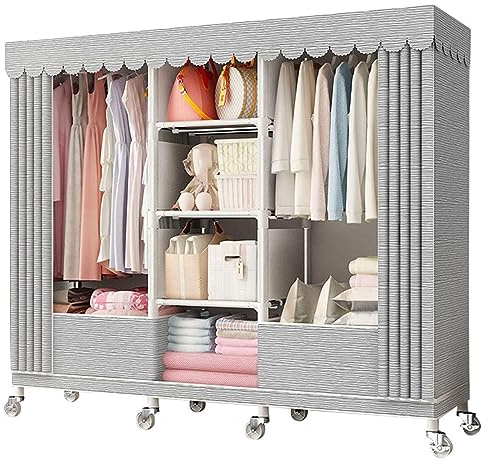 HZXQCVB Rollbarer Kleiderständer Für Schlafzimmer Tragbare Kleiderschrank Stoffschrank Für Hängende Kleidung Freistehender Garderobenständer Mit Stange Und Einlegeböden(C)