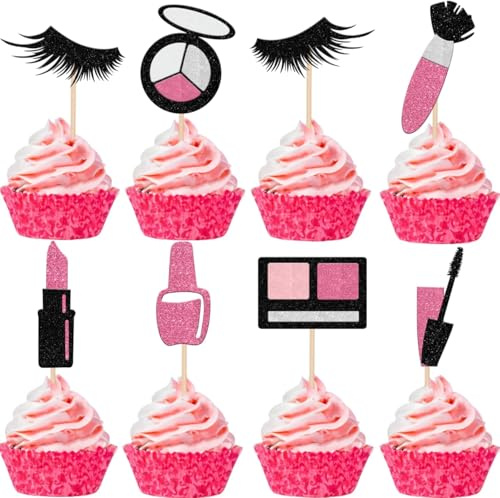SYKYCTCY 24 Pack Makeup Cupcake Toppers Glitte Cosmetics Lipstick Eyelashes Cake Picks Make Up theme Girls Birthday Party Decorations Supplies