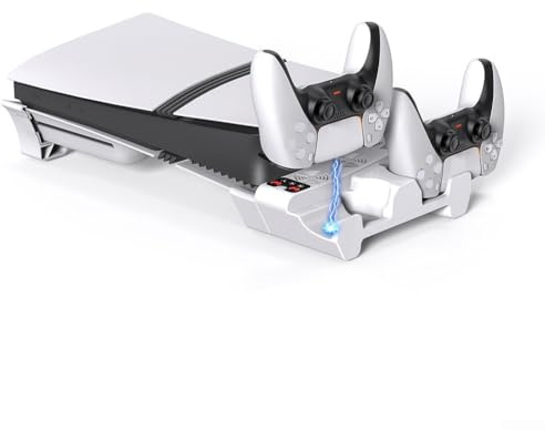 Horizontales Kühlständer für PS5 Pro und für PS5 Slim mit 3-Stufen-Lüfter und Dual-Controller-Ladefunktion, aus robustem ABS-Material, weiß