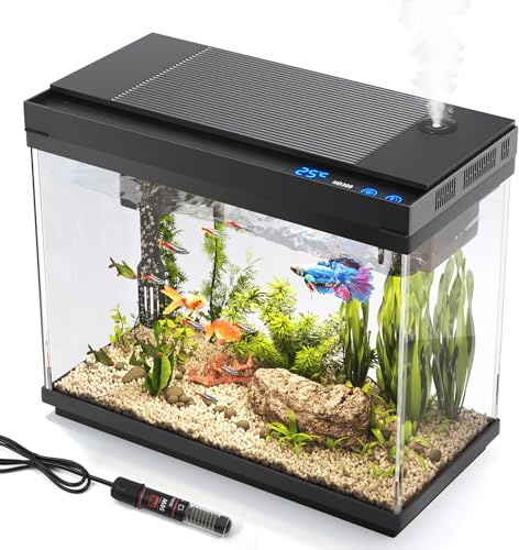 Vehipa Acquario da 9 Litri con Riscaldatore, Pompa Silenziosa 3 in 1 con Filtraggio, Ossigenazione e Eircolazione, Luce con Timer a 7 Colori, Display Della Temperatura, Umidificatore