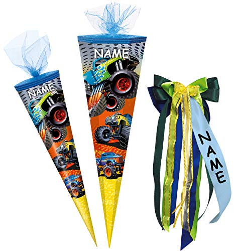 alles-meine.de GmbH Schultüte - Monster-Truck - Auto/Geländewagen - 85 cm - eckig - incl. Name und individueller großer Schleife - Tüllabschluß - Zuckertüte - mit/ohne Ku..