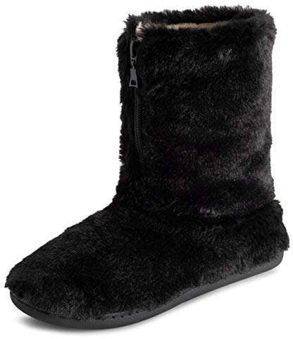Polar Women’s Faux Fur Indoor Outdoor Boot Slippers - Memory Foam Lined House Shoes with Zip Closure, Plush Warm Lining & Non-Slip Rubber Sole - Cosy Winter Comfort Footwear - Black - UK7/EU40