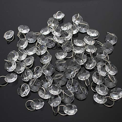 JaneYi 100 Stück 14mm klares Kristallglas Achteckig Perlen und 11mm Edelstahl Ringe mit 6 Stück Mini Haken für DIY Kristallglas Perlen Vorhang Kronleuchter Fenster Baum Hochzeit Feier Hotel Dekor