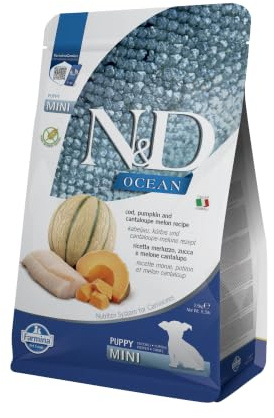 Farmina N&D Ocean Puppy Mini Pellets Hundefutter (Trockenfutter, mit hochwertigen Vitaminen und natürliche Antioxidantien, ohne Mais, Zutaten: Hundedorsch und Honigmelone, Portionsgröße: 2,5 kg)
