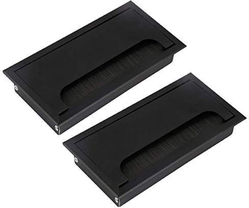 Techson Rectangular Cable Grommet, 160mm Office Table Wire Hole Cover with Brush, Aluminum Alloy Home Computer Desk Cable Outlet Port (Black, 2Pcs)
