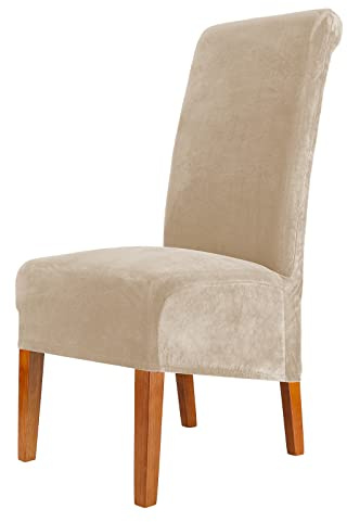 CMAKER Velvet Dining Chair Covers, Stretch Large Chair Slipcovers, Spandex High Back Chairs Cover Elastic Washable Removable XL Chair Protector,Set of 4,Beige