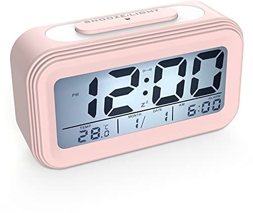 Coolzon Digitale Wecker Batterie, Digitaluhr Wecker Digital mit Großer LED digitalwecker Datum Temperatur Anzeige, Kinderwecker Snooze Reisewecker Nachtlicht, Rosa