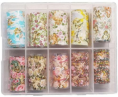 10 Rollen Nail Art Sticker-Angel Starry Nail Transfer Lace Decals-Safe Mixed Pattern Stickers-DIY Nail Art Decoration for Women and Girls
