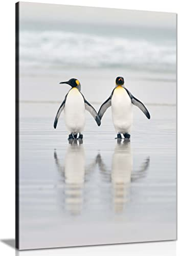 Panther Print Fine Art Prints Penguin Friends Holding Hands Artistic Framed Canvas Print, Pictures for Home Walls, Bedroom, Living Room & Bathroom Decor 61x41cm (24x16in)
