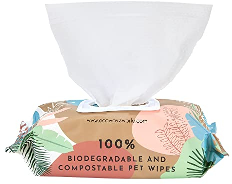 Eco Wave Pet Wipes, 100% Biodegradable and Compostable Dog and Cat Cleansing Wipes with Aloe Vera, 100 Fragrance Free Eco-Friendly Pet Safe Wipes, Quickly Remove Dirt, Mess and Odours (20 x 20cm)