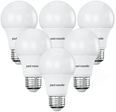 paul russells LED GLS Light Edison Screw ES, 50w Equivalent, 8W 600LM LED Bulbs, 4000K Cool White Lamps, Classic Frosted A60 Standard E27 Energy Saving Globe Non-Dimmable Lightbulbs, Pack of 6