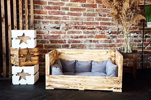 Hundebett Balu aus Holz mit Kissen 90x57x45cm Hundekorb Hundekissen Schlafplatz Vintage Hundesofa Außenbereich Outdoor (90x57x45cm, Geflammt)