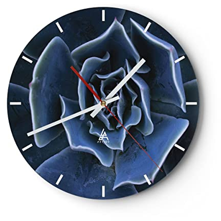 Modern Wanduhr Blau Kaktus Blume 30x30cm Rund Klein Wand Uhr Glas Analog Zimmeruhren Küche Büro Wohnzimmer Glasuhr Wall Clock Dekoration Design Wanddekoration Küchenuhr C3AR30x30-5008