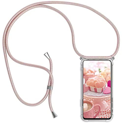 YAMCCCSE Handykette Handyhülle für Huawei P20 mit Band - Transparent Handy-Kette Handy Hülle mit Kordel zum Umhängen Handyanhänger Halsband Lanyard Case - Roségold
