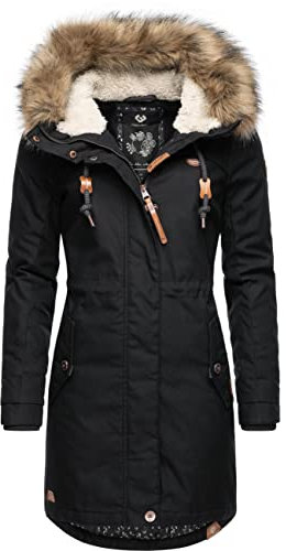 Ragwear Damen Wintermantel Warmer Parka lang mit abnehmbarem Kunstfell Tawny Intl Black22 Gr. XL