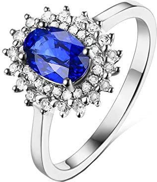 Ringe Frauen Klein, Ehering Vintage 18 Karat (750) Weißgold mit 1ct Blau Ovalschliff Saphir Größe 49 (15,6)