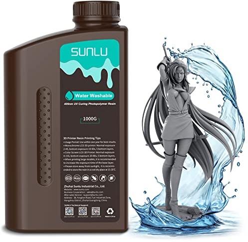 SUNLU Wasser Waschbares 3D Drucker Resin,1kg 405nm UV Schnell Härtend 3D Harz,für 2K 4K 8K LCD DLP SLA Resin 3D Drucker, Kein Alkohol Erforderlich, Hohe Präzision 3D Harz 1000g,Dunkel Grau