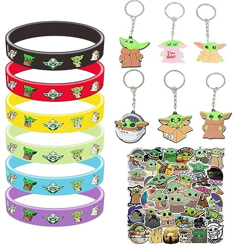 FISAPBXC Baby Y-oda Party Mitgebsel, Spielzeug Set beinhaltet 12 Y-oda Silikon Armbänder, 50 Y-oda Aufkleber, 12 Y-oda Schlüsselanhänger für Kindergeburtstag Party Dekoration Requisiten Partyzubehör