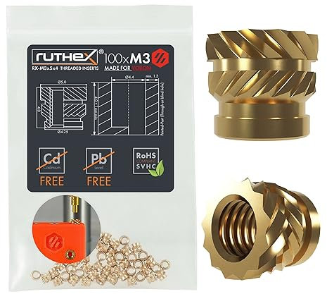 ruthex VORON Set di inserti filettati M3, 100 boccole filettate RX-M3x5x4 in ottone, dadi a pressione robusti per parti in plastica di stampe 3D, utilizzabili tramite calore