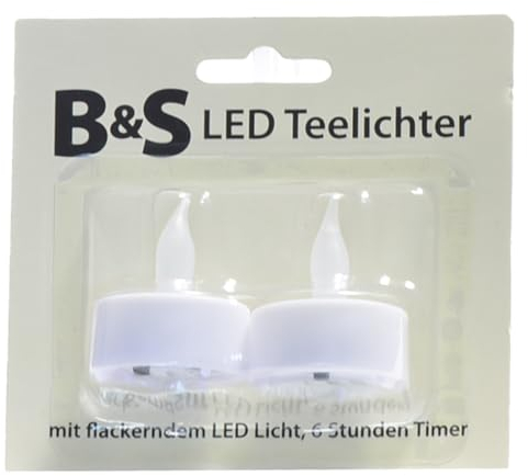 B & S 2x LED Teelicht Kerze mit flackerndem Docht und 6 Stunden Timer Ø 3,8 cm