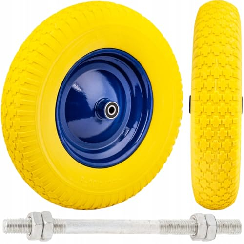 Roue de brouette pleine PU increvable 100 kg jante en acier 390 mm pour chariot de jardin diable remorque robuste durable entretien facile montage rapide avec axe jaune-bleu