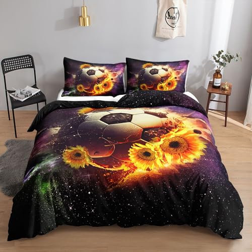 HOSIMA Fußball-Bettwäsche-Set für Jungen und Mädchen, Trendiger, Cooler Graffiti-Cartoon-Fußball-Druck, Bettbezug mit 2 Kissenbezügen (Graffiti-Fußball6 S)