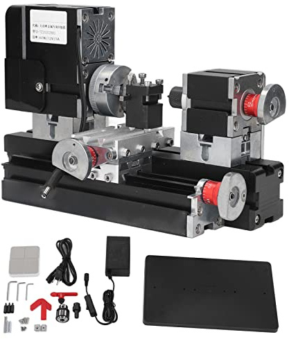 Mini Metal Lathe Machine, High 12VDC 60W 12000RPM Micro Lathe with Drill Chuck for Woodworking and Soft Metal Processing, Hobbyist Workshop Tool